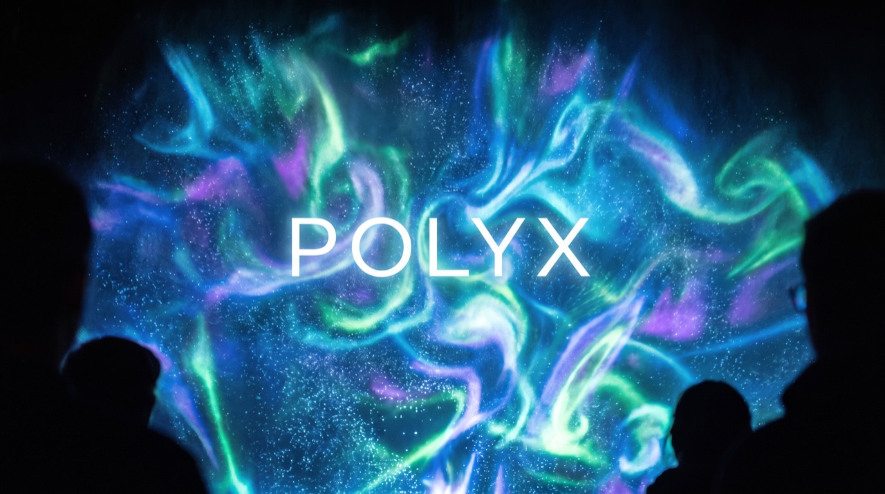 The word POLYX projected onto a wall of mist, appearing to float in mid-air